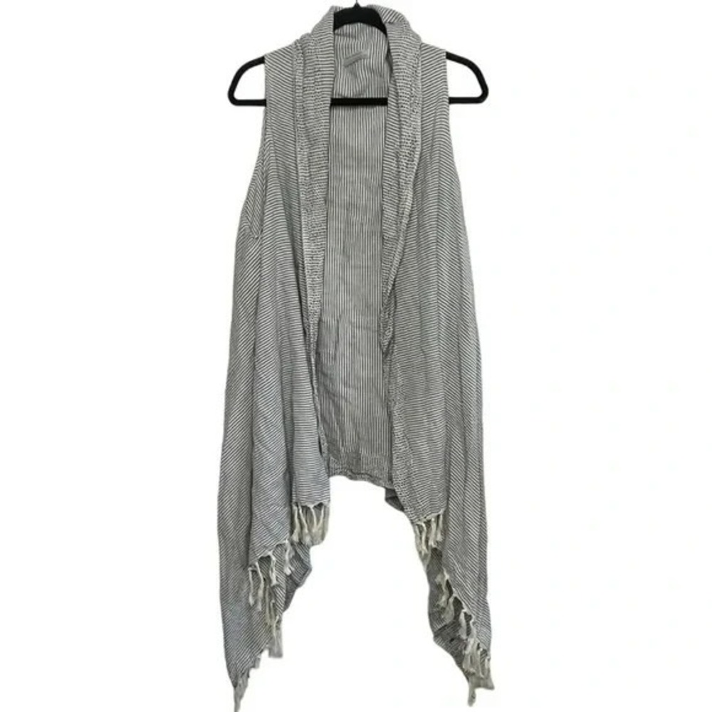 World Market Blue and Cream Fringe Vest Boho Chic Cozycore Cottagecore Lagenlook - Picture 2 of 12